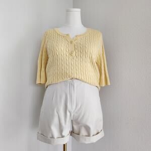 Vintage 90s Y2K Butter Yellow Cable Knit Short Sleeve Henley Sweater Top L